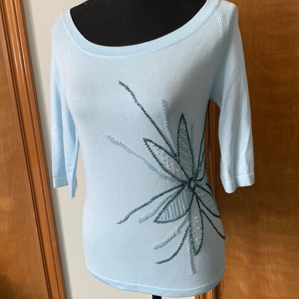 Vertigo Paris Crystal Blue Embellished Beaded Floral Blouse Top